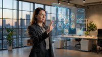 Professional businesswoman interacting with futuristic holographic interface displaying data analytics in modern office environment at sunset.