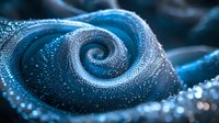 Mesmerizing blue spiral pattern with glowing particles and water droplets creating magical ethereal effect, abstract macro photography for backgrounds.