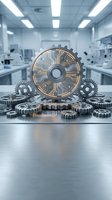 Golden circuit board gear surrounded by metallic cogs on laboratory table in modern tech facility, representing innovation, engineering, and industrial advancement for technology concepts.