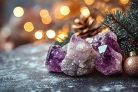 Raw amethyst crystals with pine branches and holiday decorations against dark background, soft bokeh lights creating magical winter atmosphere.