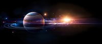 Majestic gas giant planet with glowing rings orbits distant star in deep space, cosmic scene with bright lens flare and stellar background in dark universe.