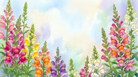 Watercolor snapdragon flowers in vibrant colors creating decorative border frame on soft pastel background for spring garden design projects.