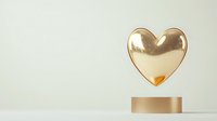 Floating golden heart above cylindrical pedestal against light background, metallic glossy surface creates romantic minimal composition for Valentine's design.