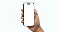 Hand holding modern smartphone with blank white screen isolated on white background for app presentation and mockup design.