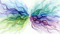 Abstract watercolor burst with flowing organic shapes in purple, blue, green and teal hues creating dynamic movement and energy for creative projects.