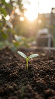 Young green seedling sprouting from rich dark soil with warm golden sunlight and bokeh background for growth and new life concepts.