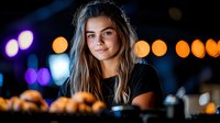 Young attractive blonde woman bartender working behind bar counter at night with colorful bokeh lights creating warm atmospheric nightlife scene.