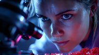 Young female scientist in neon lighting examining specimen through microscope, dramatic blue and red lighting creates futuristic laboratory atmosphere.