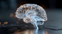 Transparent crystal brain model with glowing neural pathways on circuit board background for medical education and neuroscience research presentations.