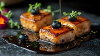 Gourmet pork belly squares with caramelized glaze and fresh herbs on dark slate, drizzled with rich sauce for upscale dining and culinary presentations.
