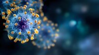 Microscopic view of virus structure with blue core and orange spike proteins on dark background, scientific visualization for medical and educational purposes.