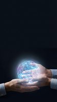Two male hands in business attire holding a glowing digital globe with holographic wireframe network patterns in blue and purple tones against dark background for technology and innovation concepts.