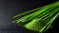 Fresh organic wheatgrass powder and raw green blades on dark background, superfood supplement for healthy lifestyle and detox nutrition programs.