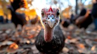Curious turkey portrait with red head and blue facial markings looking directly at camera against blurred autumn background with fallen leaves and soft bokeh effect.