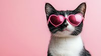 Cool black and white cat wearing pink heart-shaped sunglasses on pastel pink background for Valentine's Day greeting cards and romantic designs.