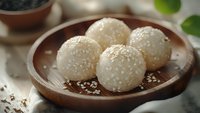 White sesame seed balls in wooden bowl, traditional Asian dessert glutinous rice dumplings with coconut coating for food photography and culinary content.