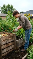 Young man composting organic kitchen scraps in wooden bin surrounded by flourishing vegetable garden with tomatoes and sunflowers in suburban backyard setting.