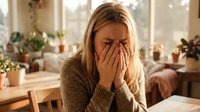 Young Caucasian woman covering face with hands, crying in cozy home interior, expressing grief, stress, or emotional breakdown.