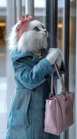 White Persian cat dressed in teal coat and pink accessories, wearing pearl necklace, holding pink handbag while looking up through window in fashionable pose.