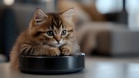 Adorable fluffy brown tabby kitten resting on robotic vacuum cleaner, looking at camera with curious expression. Perfect for pet care and smart home concepts.