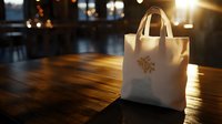 White leather tote bag with golden floral emblem standing on wooden table in warm evening sunlight, luxury retail and fashion concept.