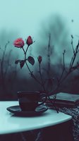 Pink rose and coffee cup in moody teal atmosphere with vintage book on table, creating romantic morning ambiance for lifestyle and social media content.