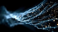 Glowing blue digital network with golden particles flowing through connected nodes against black background, representing data transmission.