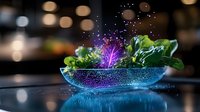 Fresh green salad in glowing blue glass bowl with magical purple light effects and sparkles against dark background with bokeh lights, modern food photography.