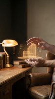 Businessman hands protecting glowing holographic city buildings model in office environment for real estate investment and urban development concepts.
