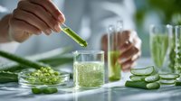 Scientist conducting research with green aloe vera extract in laboratory, testing natural ingredients for skincare and cosmetic formulations.