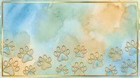 Watercolor background with golden paw prints border, soft blue and beige gradient sky, isolated on white. Suitable for pet-related designs, greeting cards, and animal-themed projects.