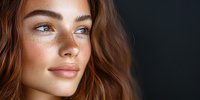 Close up portrait of young Caucasian woman with natural makeup, freckles, blue eyes and wavy brown hair against dark background. Beauty and skincare concept.