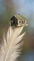 Miniature stone cottage with moss-covered roof balanced delicately on white feather tip against soft blurred background for fantasy and surreal concepts.