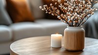 Cozy home interior with cotton stems in ceramic vase and burning candle on wooden coffee table. Soft focus living room decor creates warm, relaxing atmosphere.