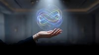 Business professional hand presenting glowing infinity symbol with flowing energy waves in modern office environment for technology and innovation concepts.