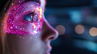 Glowing pink sparkles and magical makeup around blue eye in profile view with bokeh lights background creates mystical beauty concept effect.