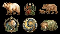 Watercolor bear clipart set with six elements: grizzly bears, paw print, mother and cub, sleeping bear, isolated on transparent background for stickers, t-shirt design, print on demand.