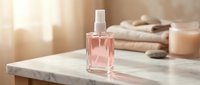 Pink perfume bottle on marble surface in elegant bathroom setting with soft natural lighting and spa accessories for luxury beauty routine.