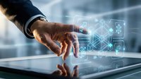 Businessman hand touching digital tablet with holographic technology icons and data visualization in modern office environment for business innovation.