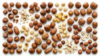 Mixed nuts collection featuring almonds, walnuts, hazelnuts, pecans and cashews arranged on white background for healthy snacking and cooking recipes.