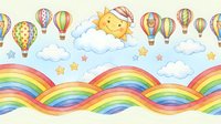 Cheerful sun character with hot air balloons and rainbow waves seamless pattern on light background for nursery decor and children textile designs.