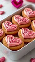 Heart-shaped cookies with pink frosting and sprinkles in white baking dish for Valentine's Day celebration and romantic dessert occasions.
