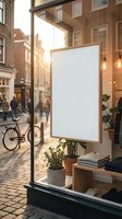 Blank white poster frame mockup in modern storefront window display with plants and warm lighting for advertising and promotional design templates.