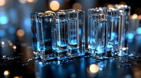 Crystal clear glass blocks illuminated by blue light creating modern architectural shapes with bokeh effect in background, reflective surface with water drops.