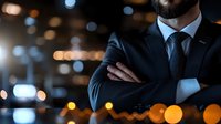 Professional businessman in dark suit with crossed arms against blurred city lights background at night. Corporate executive portrait for business presentations.