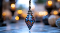 Decorative blue and copper diamond-shaped pendant lamp with stained glass pattern against blurred warm bokeh lights creating magical atmosphere.
