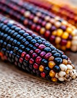 Colorful ornamental glass gem corn with deep purple, red, orange and white kernels arranged in mosaic pattern on rustic burlap background, macro photography.