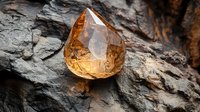 Raw citrine crystal on rough stone background, natural mineral specimen with golden amber color and transparent facets catching light, mystical gemstone.