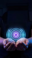 Hands holding glowing holographic interface with circular energy rings and digital elements for futuristic technology and innovation concepts.