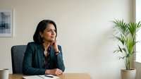 Thoughtful female professional in dark blazer sitting at desk, hand to chin, contemplating business strategy or decision-making in modern office environment.